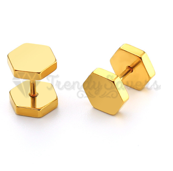 Surgical Steel Mens Womens Gold Hexagon Screw Cheater Plugs Stud Earrings 5MM
