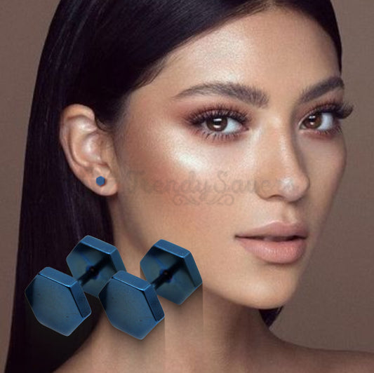 4MM Tiny Blue Hexagon Dumbbell Bars Stud Piercing Earrings Men Women Jewellery