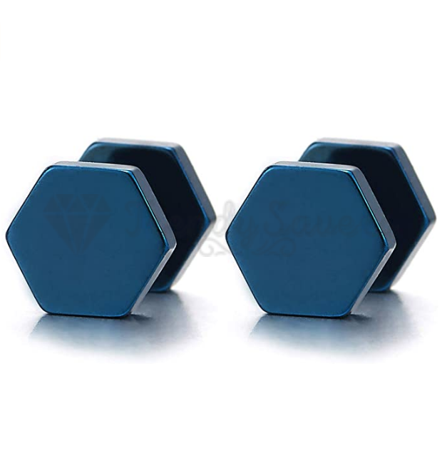 4MM Tiny Blue Hexagon Dumbbell Bars Stud Piercing Earrings Men Women Jewellery