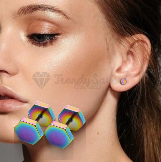 4MM Gothic Punk Multi Colour Rainbow Hexagon Head Earrings Surgical Steel Studs