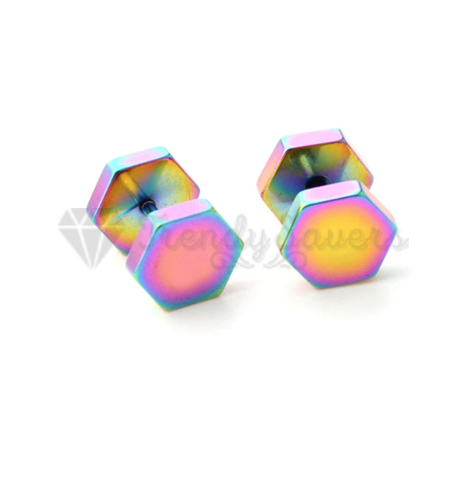 4MM Gothic Punk Multi Colour Rainbow Hexagon Head Earrings Surgical Steel Studs