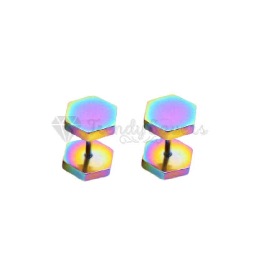 Minimalist Punk Rainbow Dumbbell Hexagon Head 6MM Stud Earrings Surgical Steel