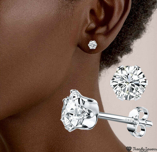 Women's Solid 925 Sterling Silver Six Claw Crystal Zircon Silver Stud Earring