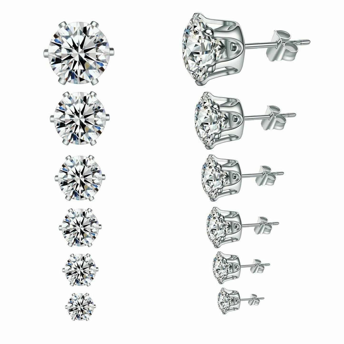 Women's Solid 925 Sterling Silver Six Claw Crystal Zircon Silver Stud Earring