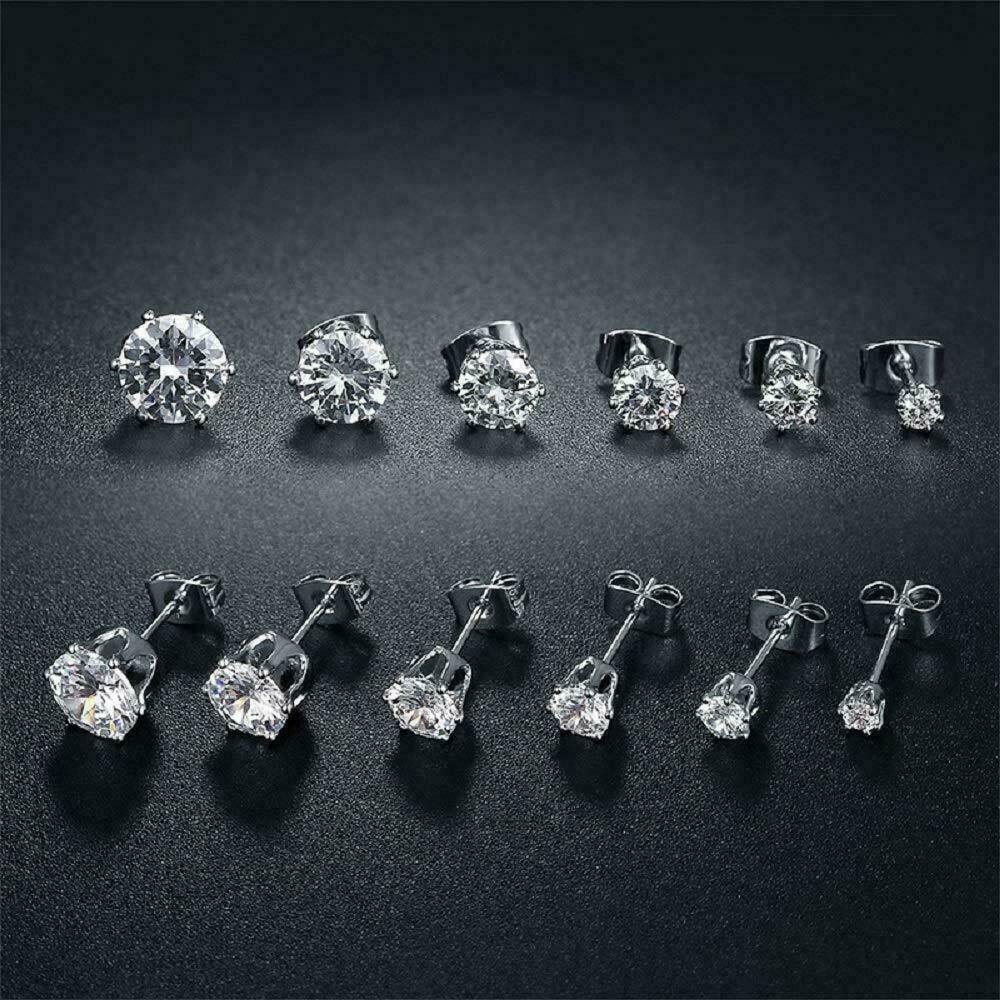 Women's Solid 925 Sterling Silver Six Claw Crystal Zircon Silver Stud Earring