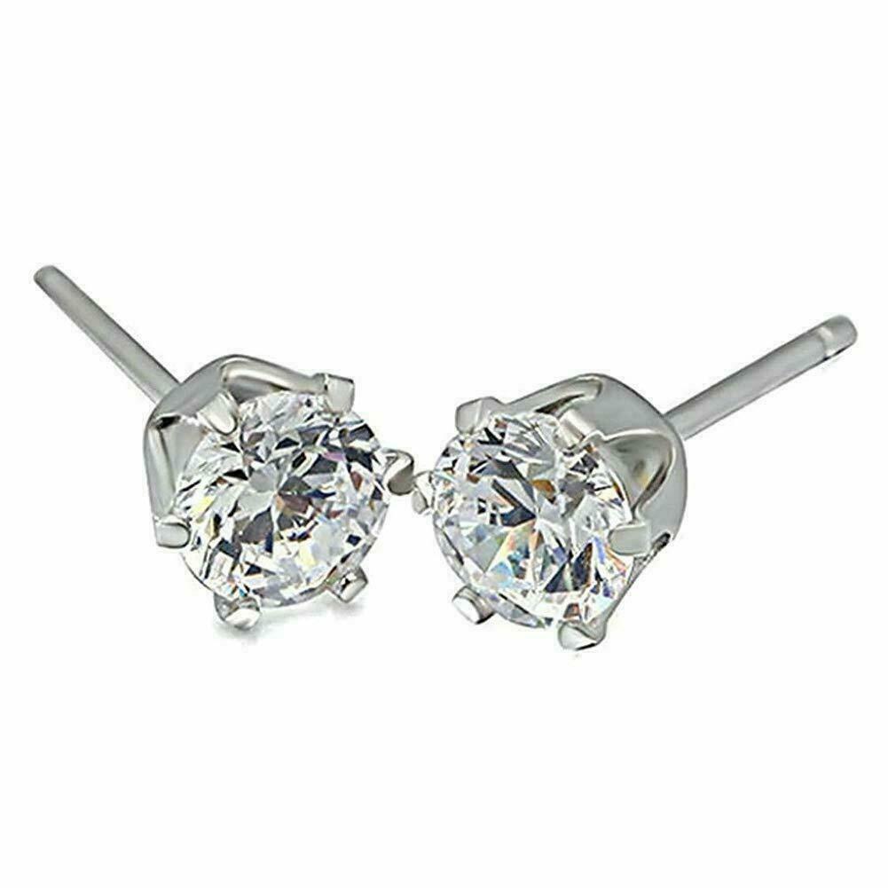 Women's Solid 925 Sterling Silver Six Claw Crystal Zircon Silver Stud Earring