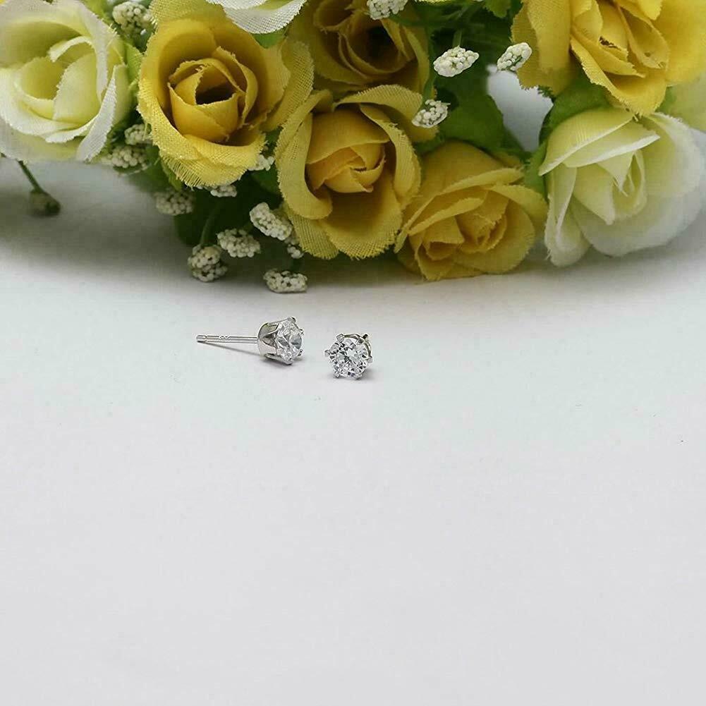 Women's Solid 925 Sterling Silver Six Claw Crystal Zircon Silver Stud Earring