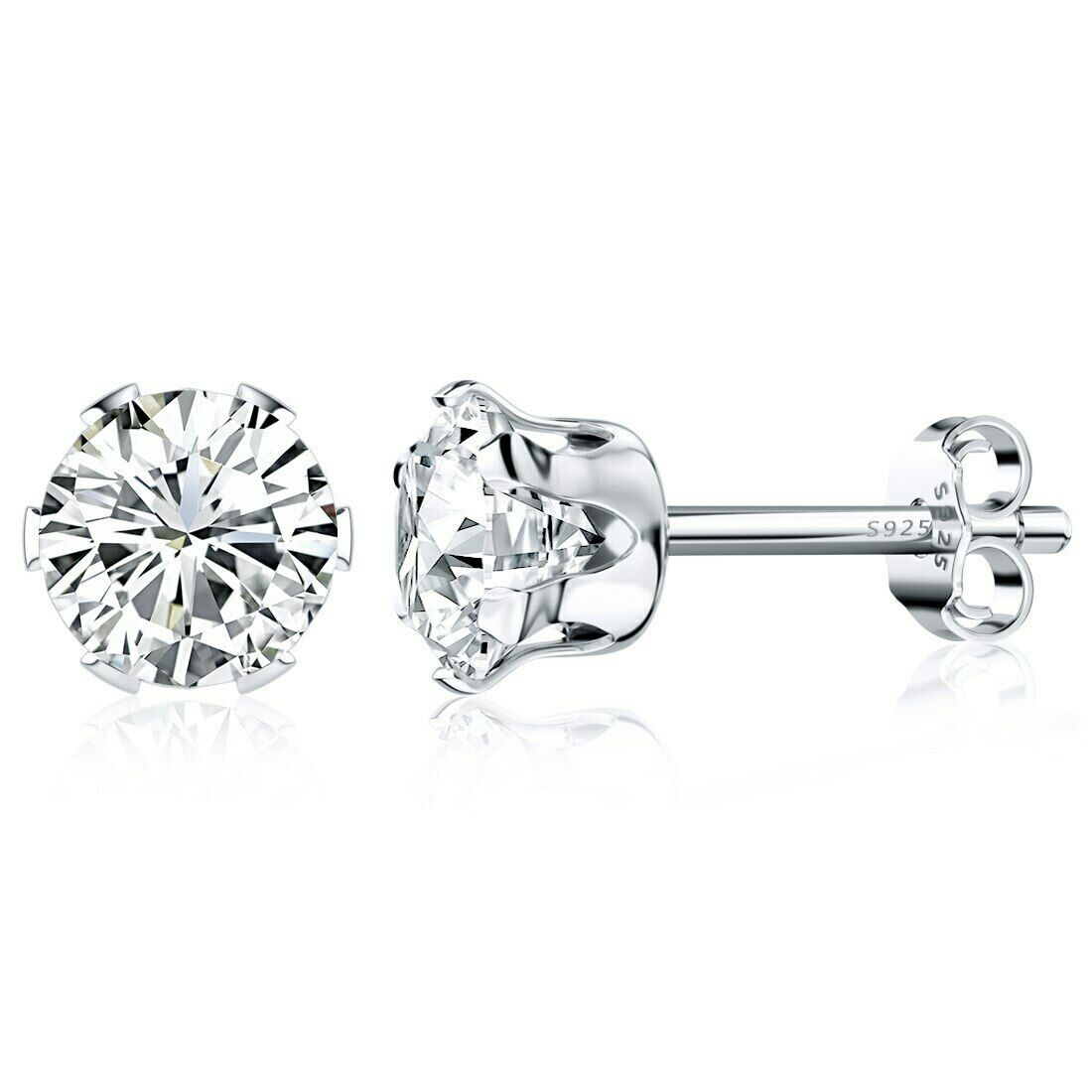 Women's Solid 925 Sterling Silver Six Claw Crystal Zircon Silver Stud Earring