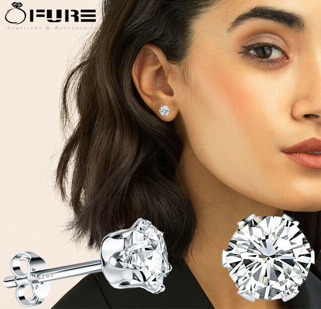 Women's Solid 925 Sterling Silver Six Claw Crystal Zircon Silver Stud Earring