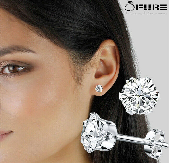 Women's Solid 925 Sterling Silver Six Claw Crystal Zircon Silver Stud Earring