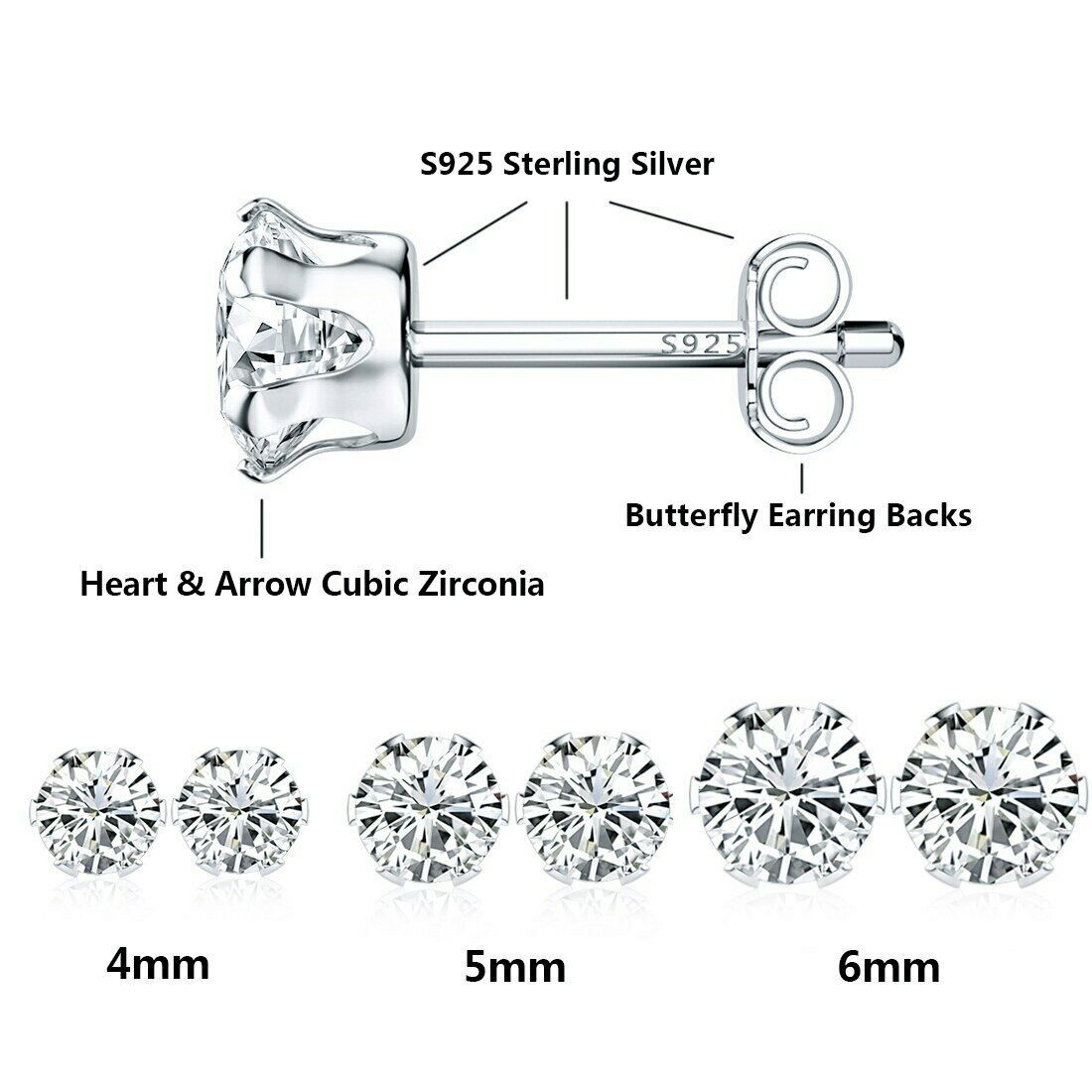 Women's Solid 925 Sterling Silver Six Claw Crystal Zircon Silver Stud Earring