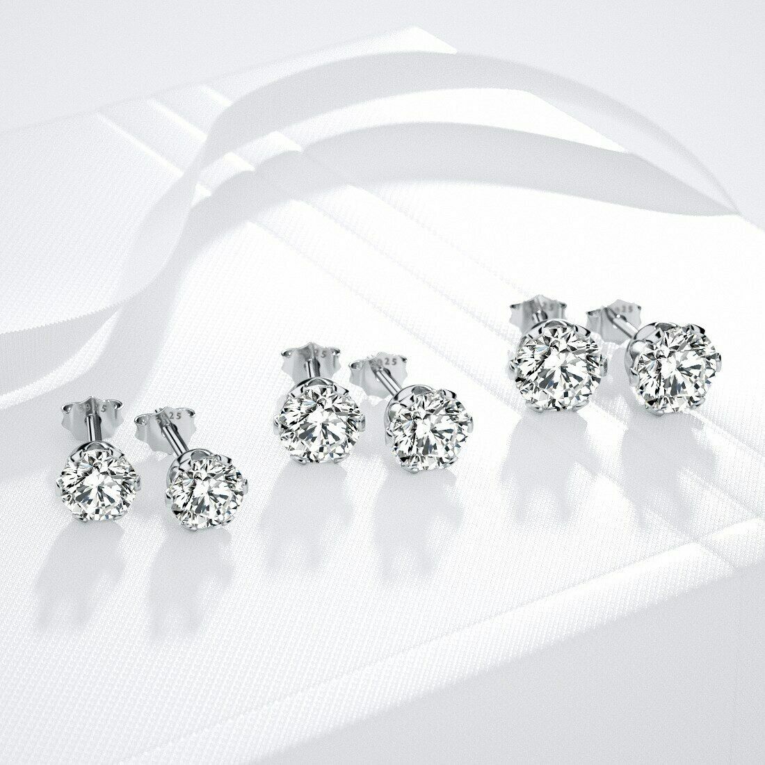 Women's Solid 925 Sterling Silver Six Claw Crystal Zircon Silver Stud Earring