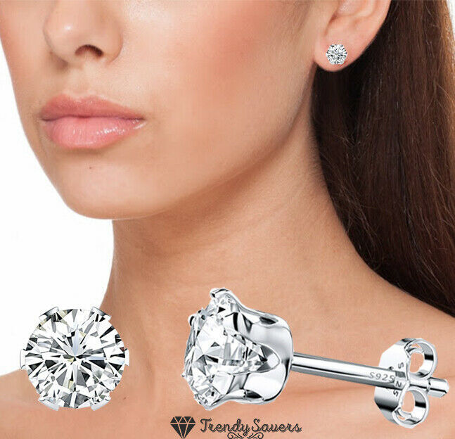 Women's Solid 925 Sterling Silver Six Claw Crystal Zircon Silver Stud Earring