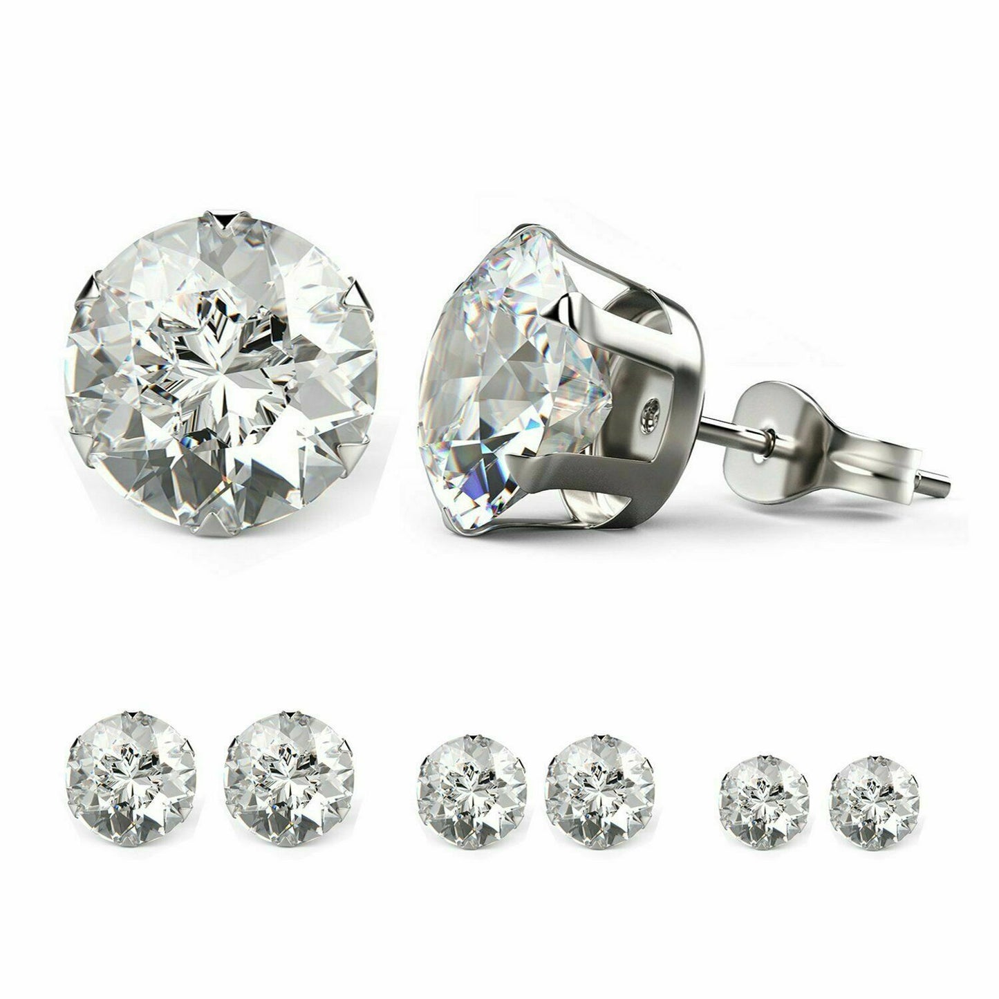 Women's Solid 925 Sterling Silver Six Claw Crystal Zircon Silver Stud Earring