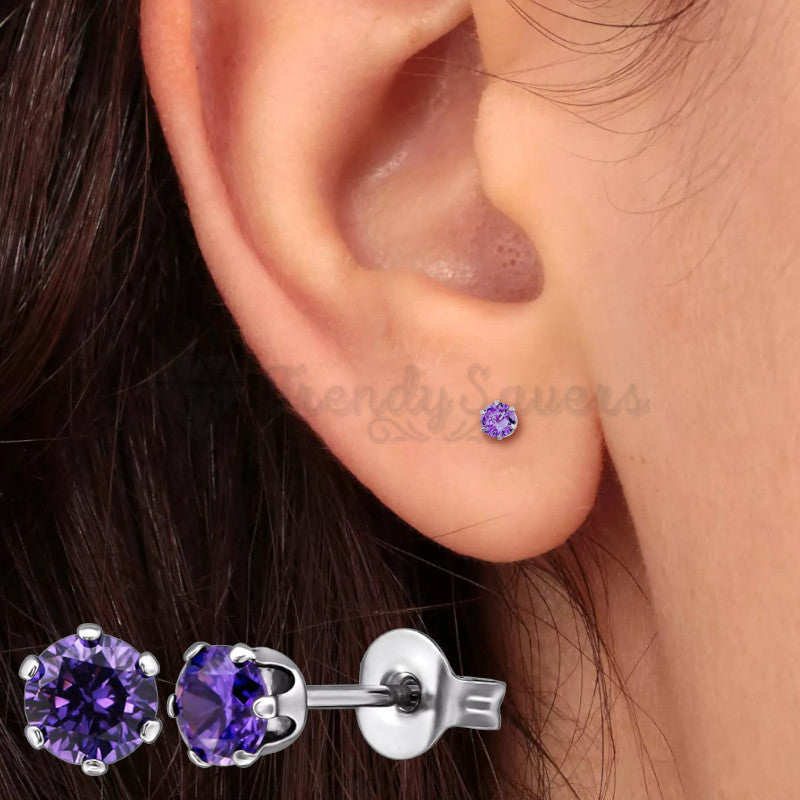 3MM Round Tiny Small Purple Amethyst Crystal Ear Studs Surgical Steel Earrings