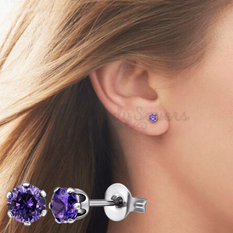 316L Surgical Steel Diamond Cut Purple Amethyst Cartilage Ear Stud Earrings 4MM