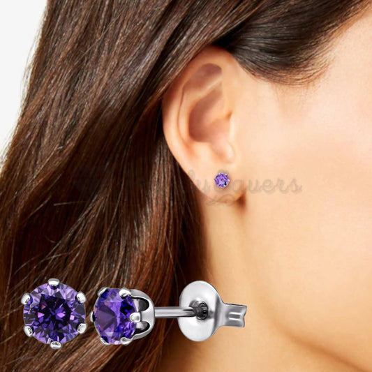 Stainless Steel Purple Amethyst Gemstone Crystal Studs Round Stud Earrings 5MM