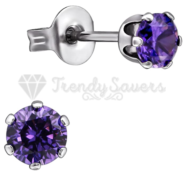 Stainless Steel Purple Amethyst Gemstone Crystal Studs Round Stud Earrings 5MM