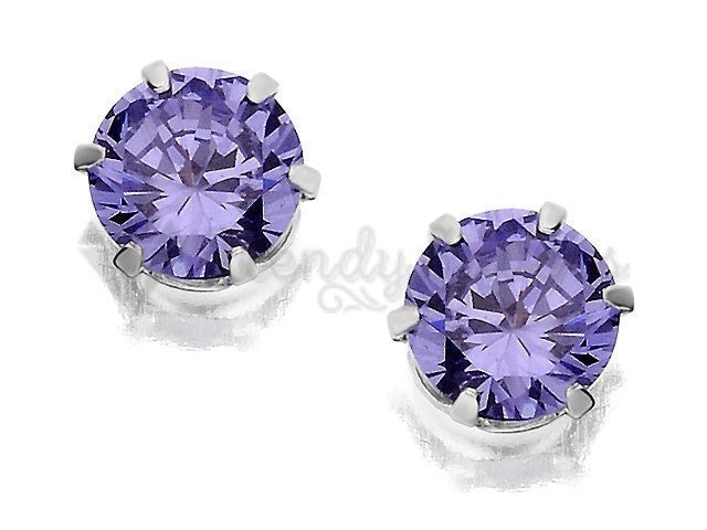 Stainless Steel Purple Amethyst Gemstone Crystal Studs Round Stud Earrings 5MM