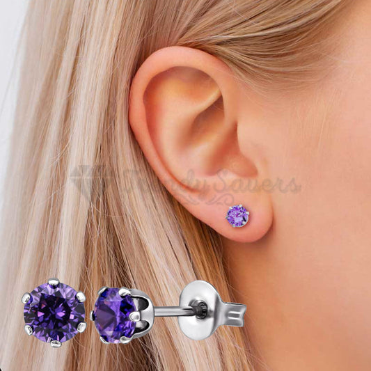 6MM Premium Quality Purple Amethyst Sleeper Stud Surgical Steel Earrings Jewelry