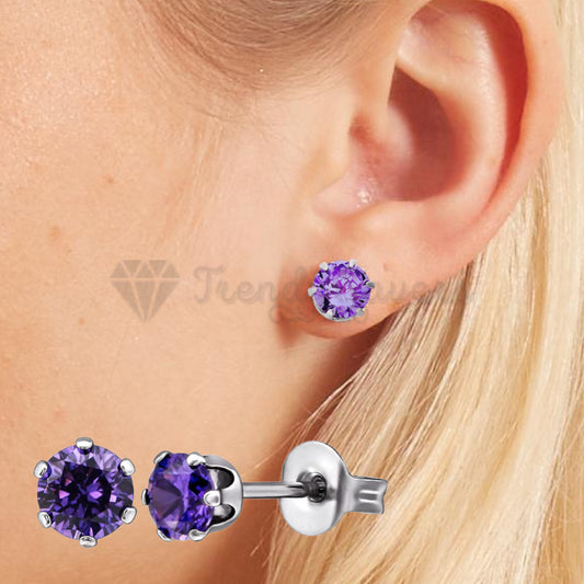 8MM Big Women Men Kids Surgical Steel Purple CZ Crystal Cartilage Stud Earrings