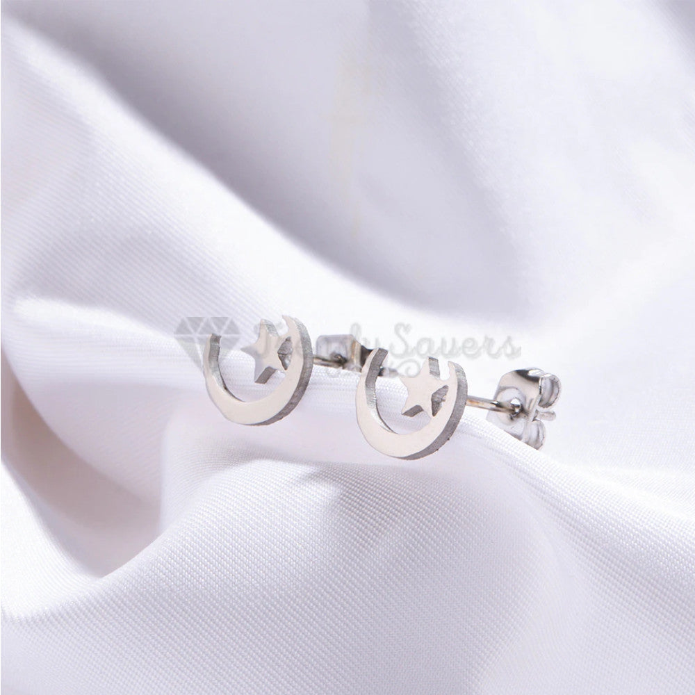 Hypoallergenic Stainless Steel Silver Star Moon Ear Stud Fashion Earrings