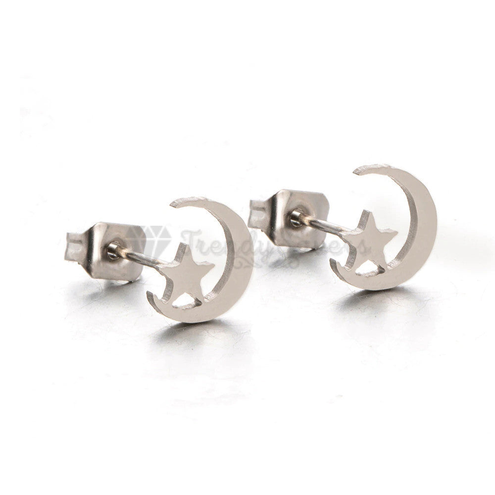 Hypoallergenic Stainless Steel Silver Star Moon Ear Stud Fashion Earrings