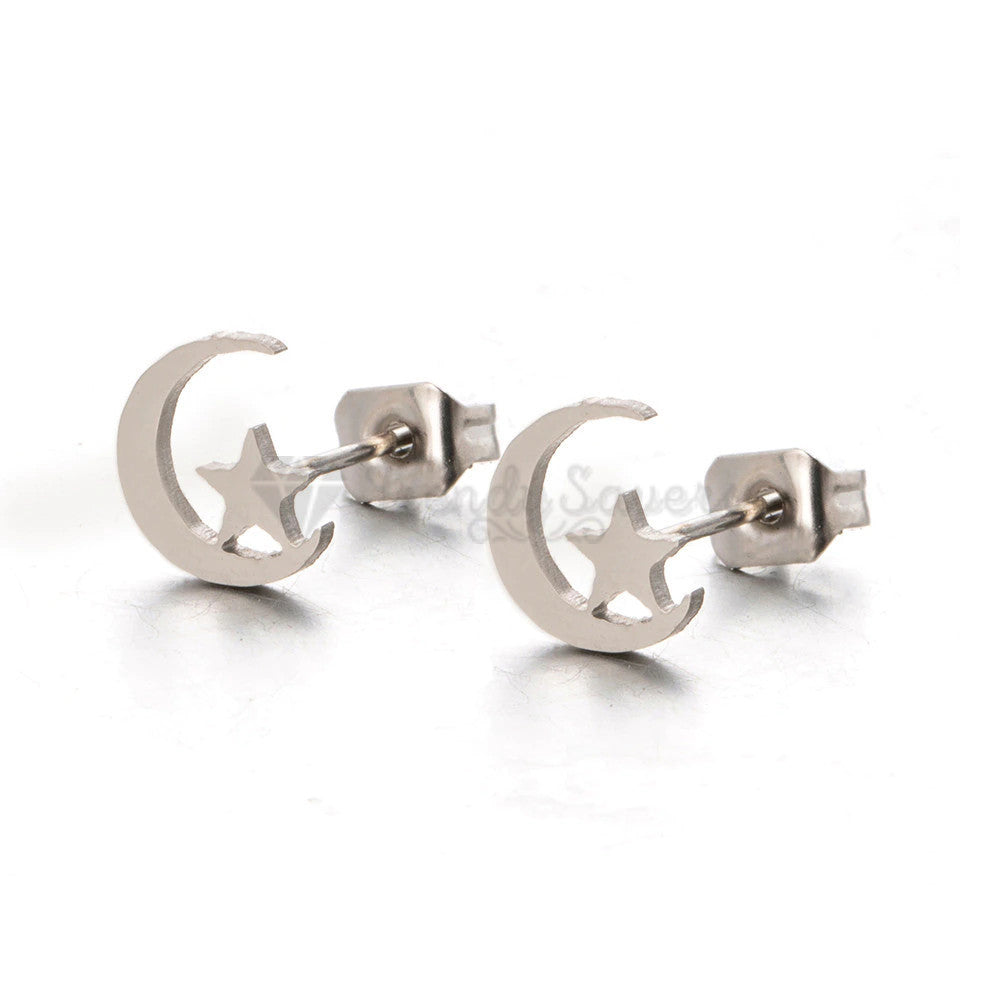 Hypoallergenic Stainless Steel Silver Star Moon Ear Stud Fashion Earrings