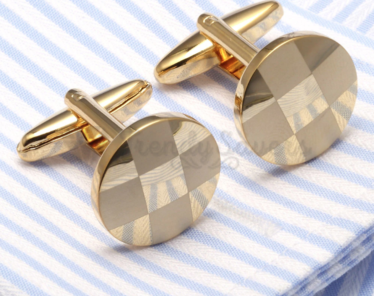 Gold Stainless Steel Small Round Checker Patterned Cuff Link Cufflink Mens Gift