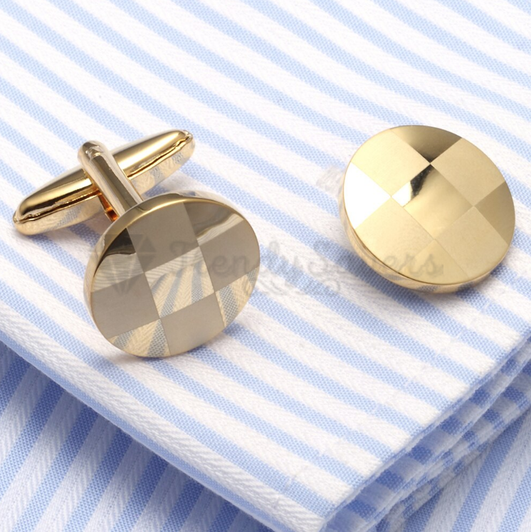 Gold Stainless Steel Small Round Checker Patterned Cuff Link Cufflink Mens Gift