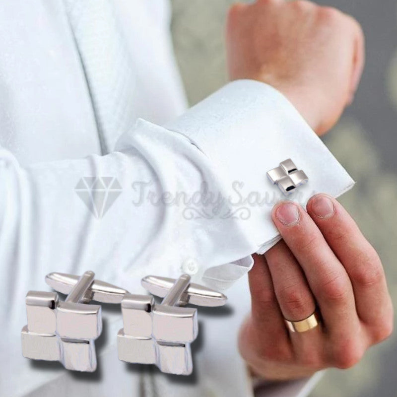 Mens High Polished Stainless Steel Overlapping Silver Square Cuff Link Cufflink