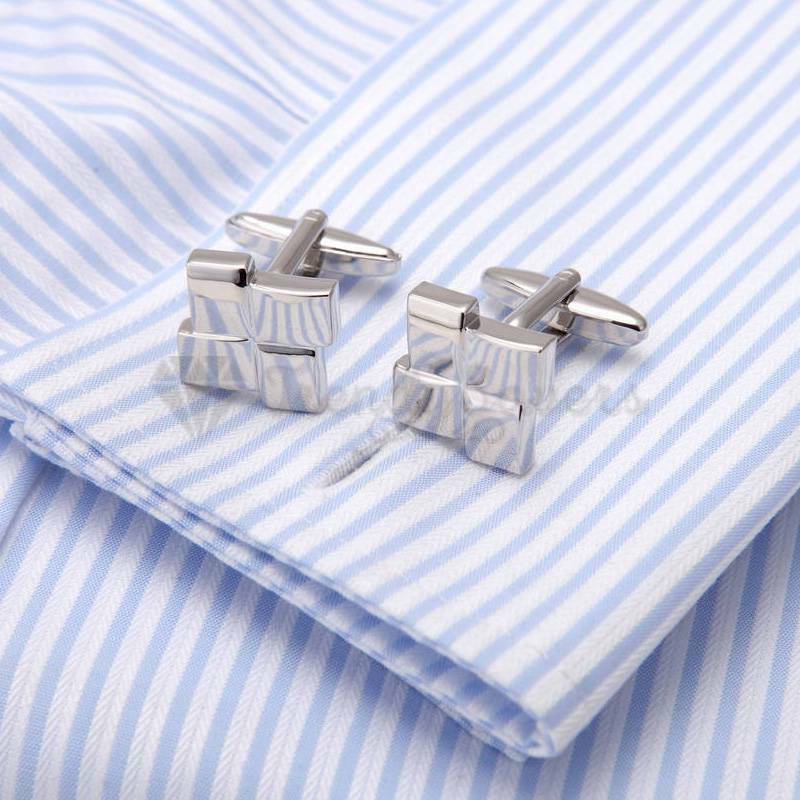 Mens High Polished Stainless Steel Overlapping Silver Square Cuff Link Cufflink