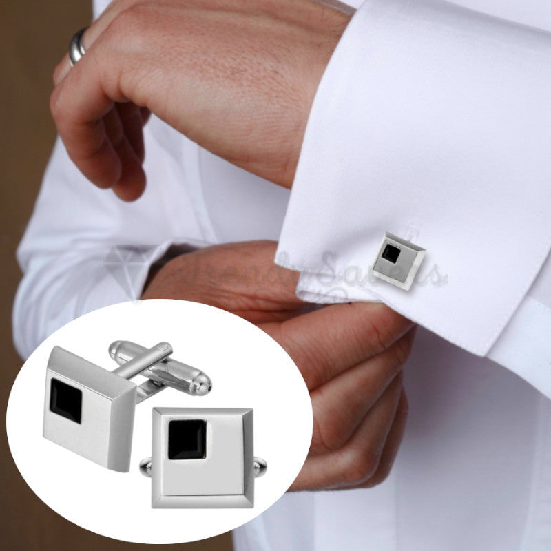 Silver Small Black Onyx Gemstone Square Cuff Link Mens Stainless Steel Cufflinks