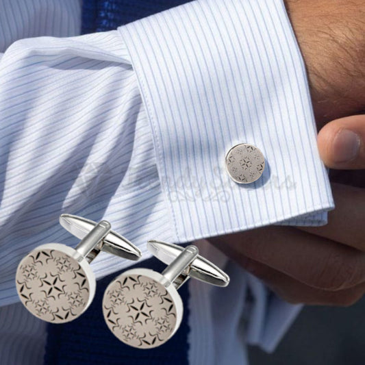 Stainless Steel Mens Round Silver Celtic Pattern Cuff Links Engraved Cufflinks
