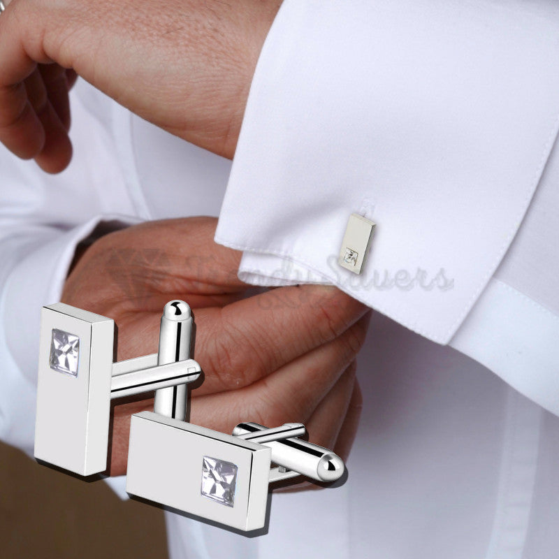 Stainless Steel Silver Plated White Crystal Cufflink Men Wedding Gift Cuff Links