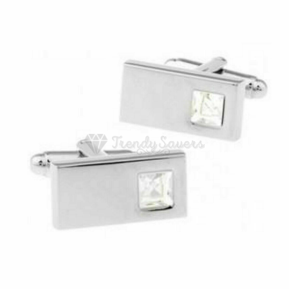 Stainless Steel Silver Plated White Crystal Cufflink Men Wedding Gift Cuff Links