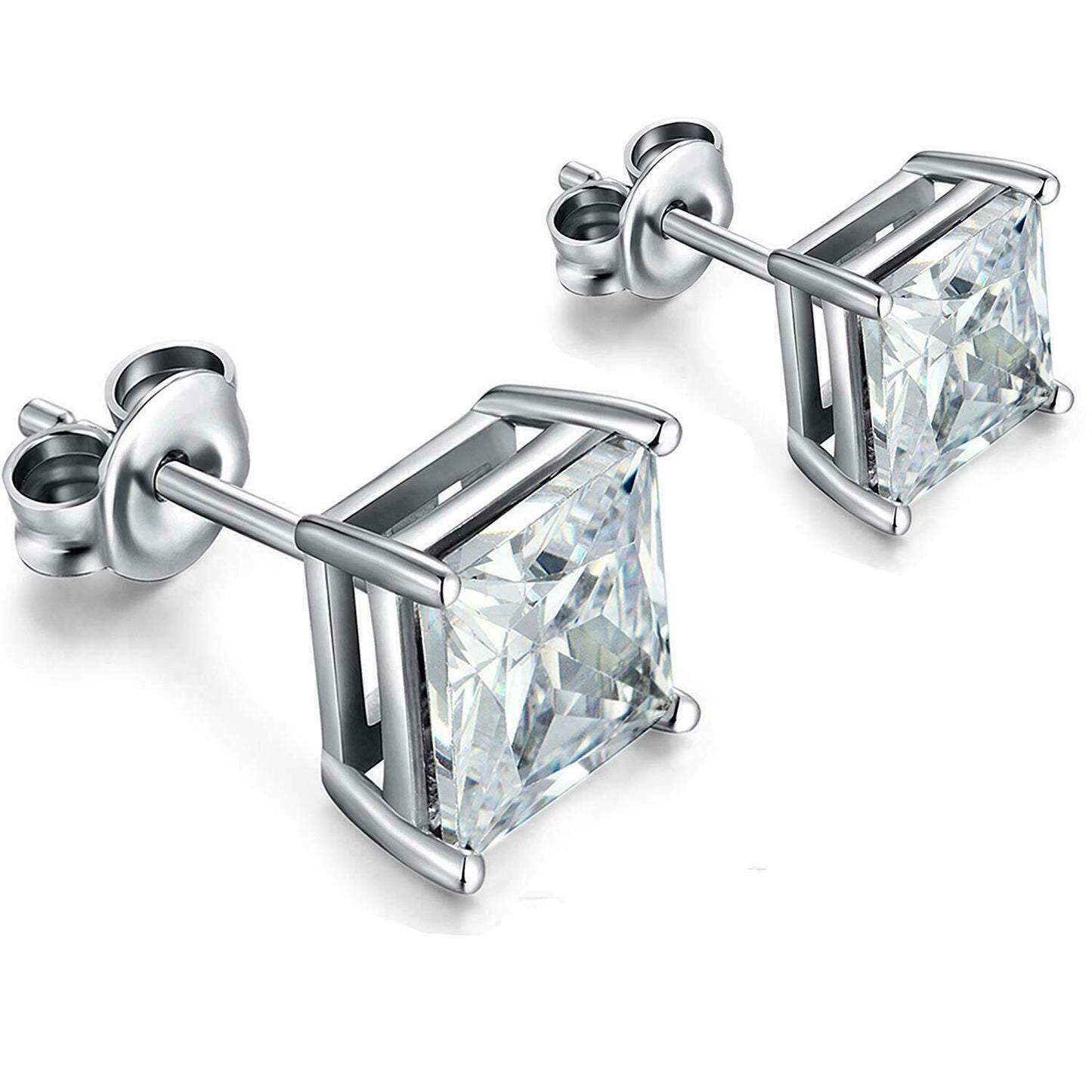 Men Women Kids 18K Gold Plated Square Diamond Cut Clear Silver Ear Stud Earrings