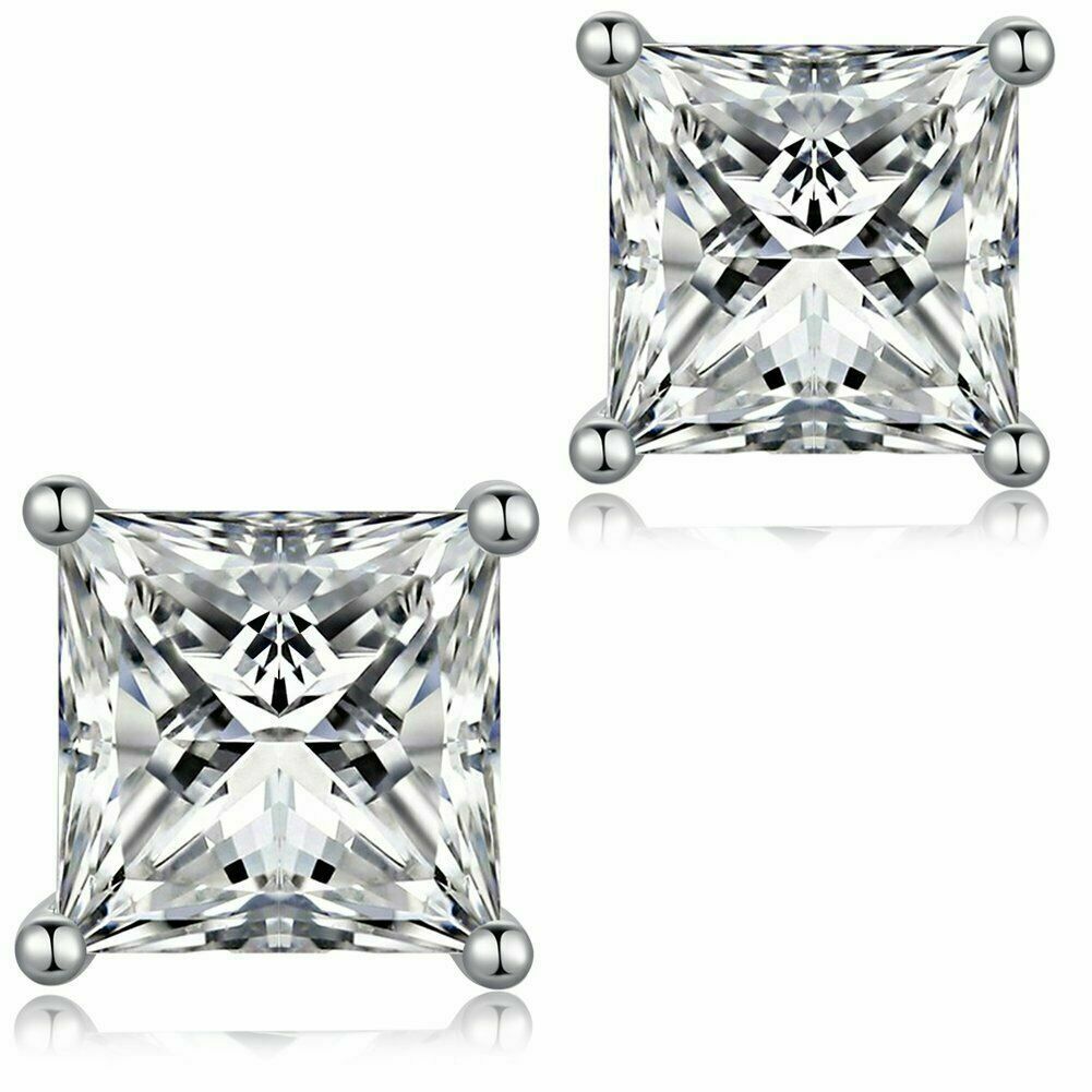 Men Women Kids 18K Gold Plated Square Diamond Cut Clear Silver Ear Stud Earrings