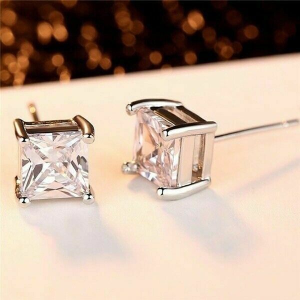 Men Women Kids 18K Gold Plated Square Diamond Cut Clear Silver Ear Stud Earrings