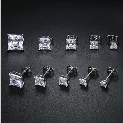 Men Women Kids 18K Gold Plated Square Diamond Cut Clear Silver Ear Stud Earrings