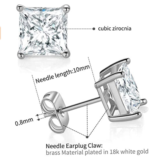 Men Women Kids 18K Gold Plated Square Diamond Cut Clear Silver Ear Stud Earrings