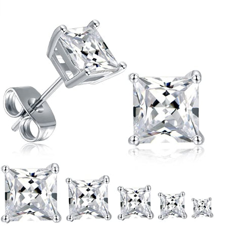 Men Women Kids 18K Gold Plated Square Diamond Cut Clear Silver Ear Stud Earrings