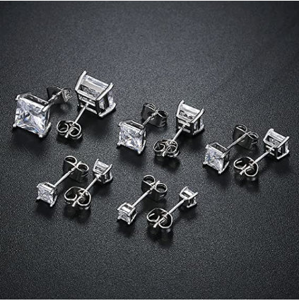 Men Women Kids 18K Gold Plated Square Diamond Cut Clear Silver Ear Stud Earrings