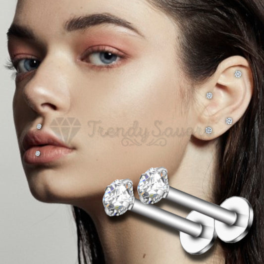 2MM Silver Diamond Cut Cartilage Helix Tragus Labret Monroe Stud Bar Ring Pair