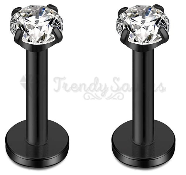 2MM Round CZ Black Labret Monroe Bone Stud Cartilage Helix Tragus Piercing Pair