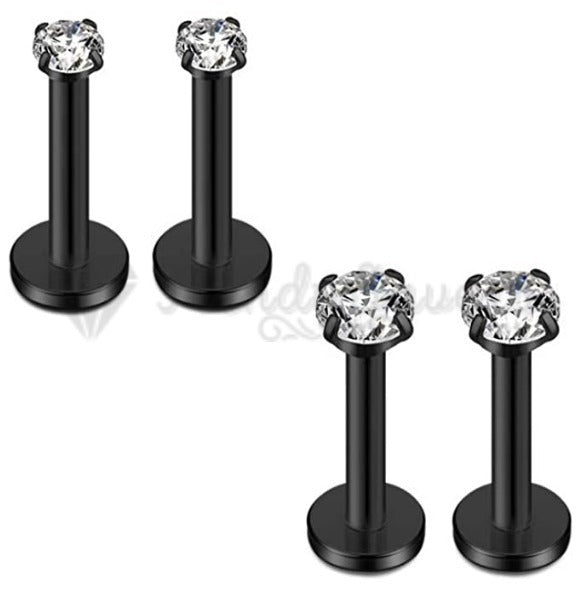 2MM Round CZ Black Labret Monroe Bone Stud Cartilage Helix Tragus Piercing Pair