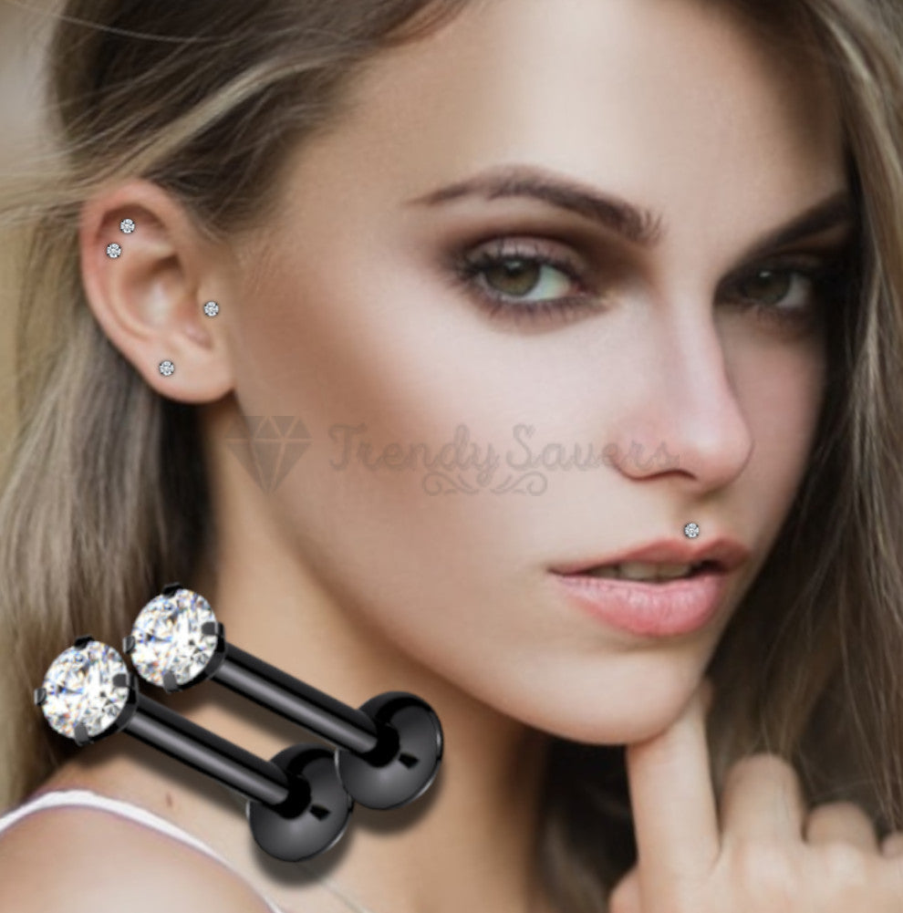 2MM Round CZ Black Labret Monroe Bone Stud Cartilage Helix Tragus Piercing Pair