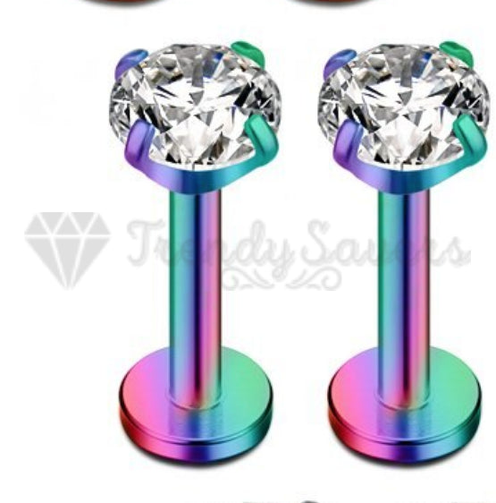 2MM Pair Round Cut CZ Rainbow Stud Bar Cartilage Helix Labret Piercing Jewelry