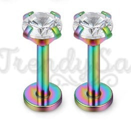 2MM Pair Round Cut CZ Rainbow Stud Bar Cartilage Helix Labret Piercing Jewelry