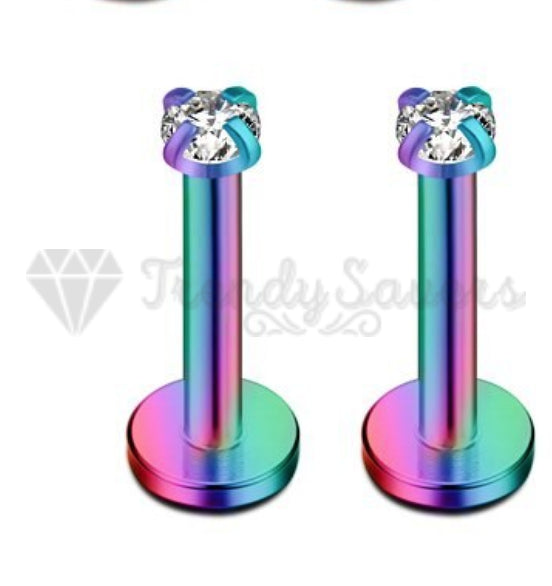 2MM Pair Round Cut CZ Rainbow Stud Bar Cartilage Helix Labret Piercing Jewelry